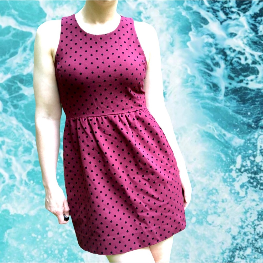 J. Crew Burgundy and Black Polka Dot Ponte Sleeveless Office Dress, Size S